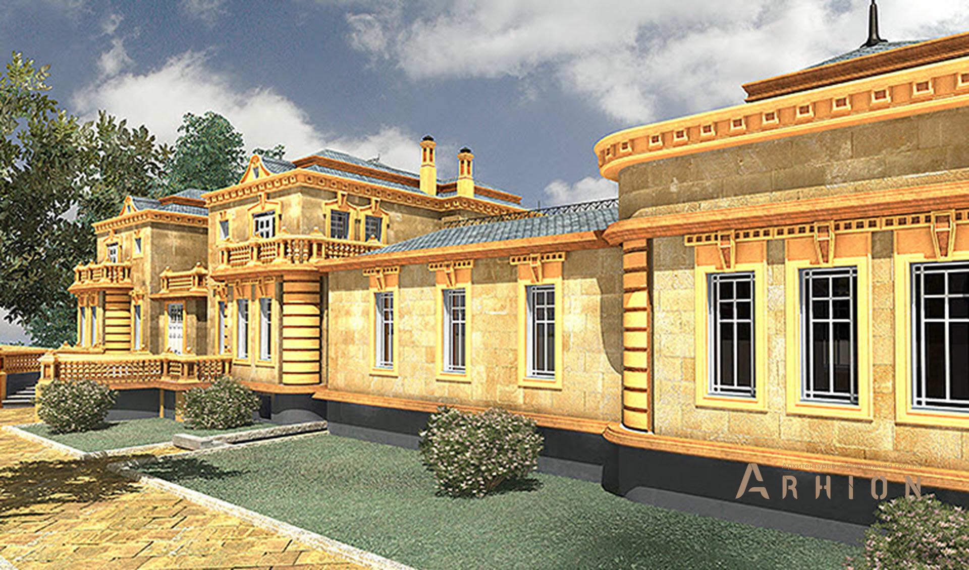 7. Проект двухэтажного дома в замковом стиле с многоскатной кровлей, SOV-9, площадью - 959 кв c цокольным этажом, сауной, терассой, балконом